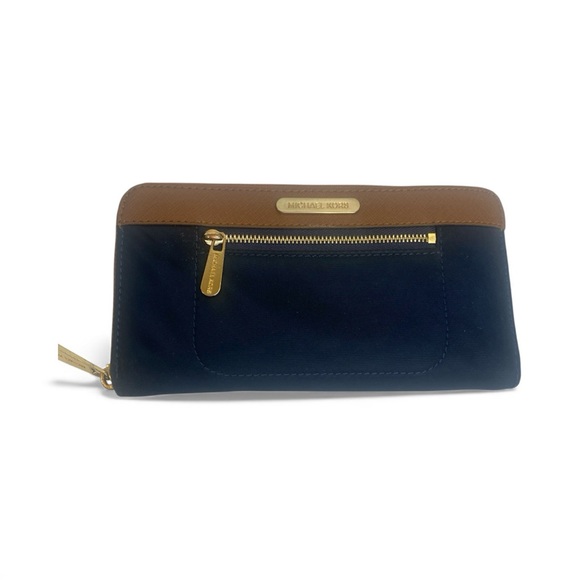 Michael Kors Kempton Continental NAVY BLUE Nylon Zip Around Gold Logo Wallet - Picture 1 of 13
